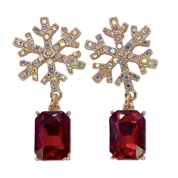 BETSEY JOHNSON • Red Crystal Snowflake Christmas Holiday Winter Earrings - Picture 1 of 3